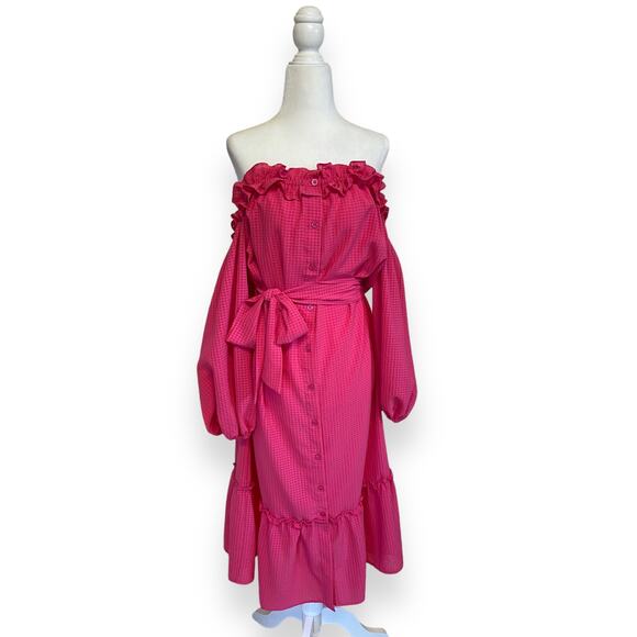 Who What Wear Pink Ruffle Off the Shoulder Midi Dress - Picture 2 of 9